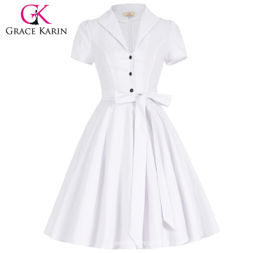 Grace Karin Lapel Collar Nylon-Algodón de los años 50 de manga corta Vintage Blanco Retro Vestidos CL008946-1